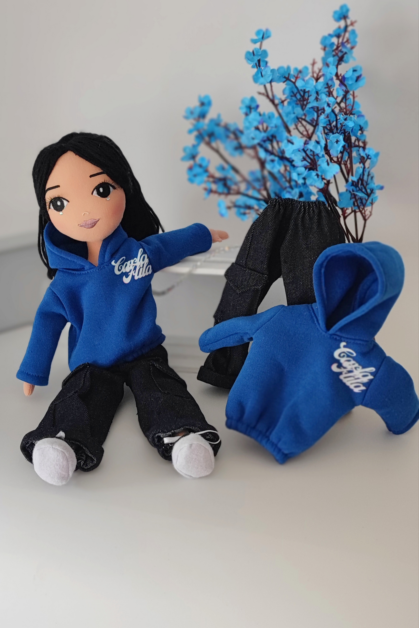 Carla Flila Doll + Blue Sweatshirt and Black Cargo Jeans Set