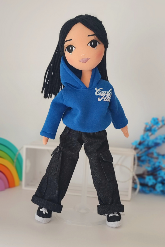 Carla Flila Doll + Blue Sweatshirt and Black Cargo Jeans Set