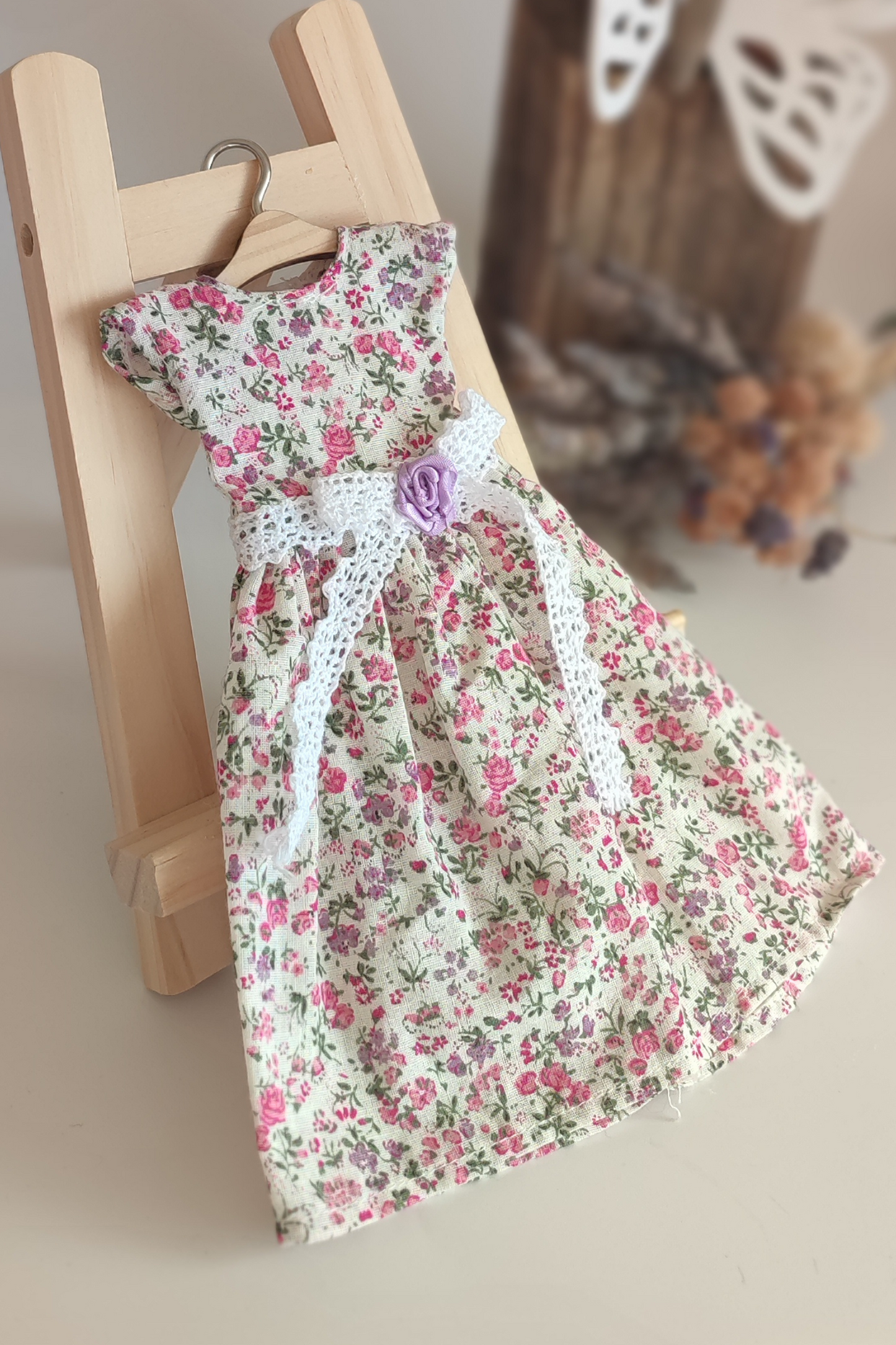 Doll dress with dark flowers